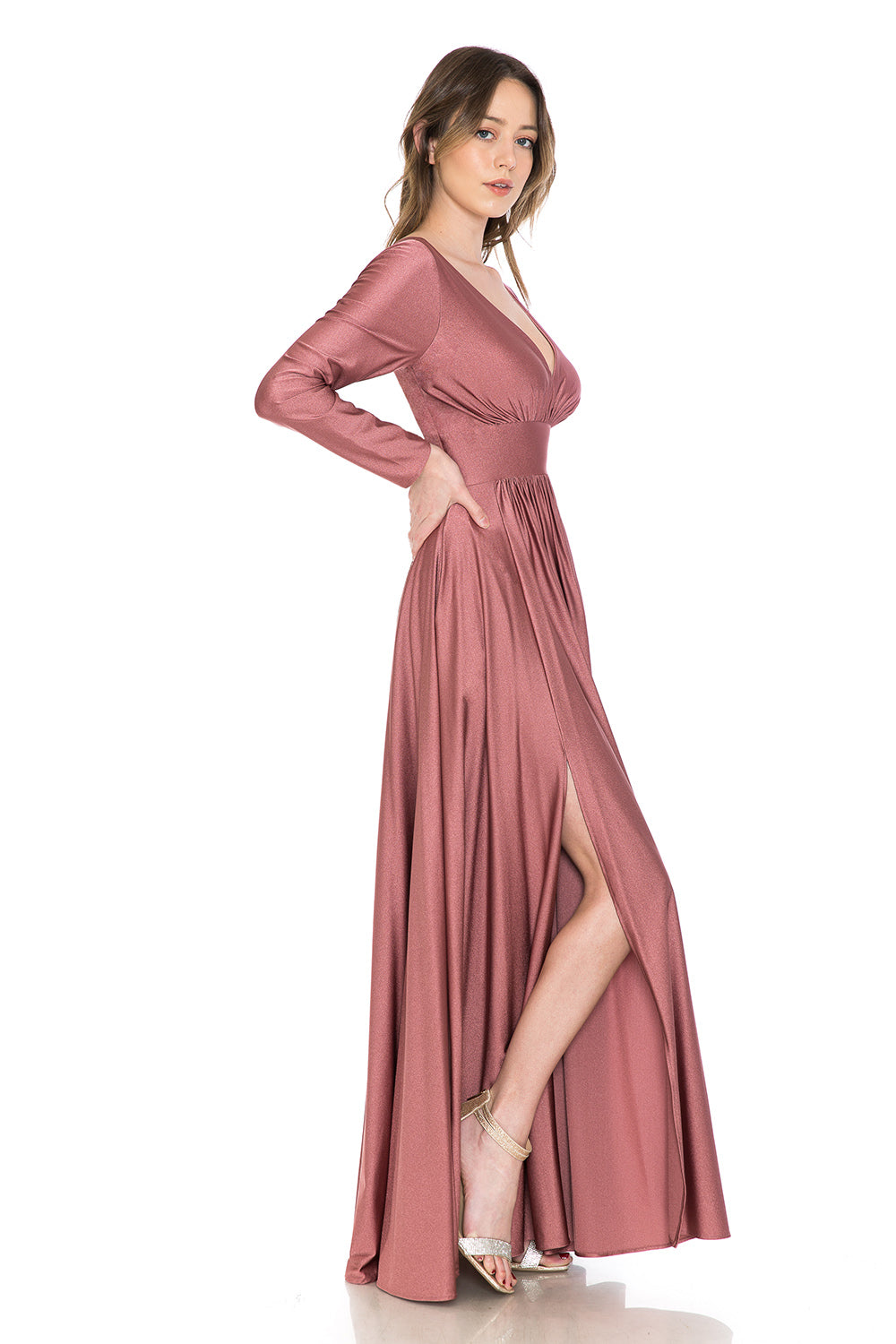 Long Sleeve V-Neck Ruched Pocketed Formal Dress by Lenovia 5231