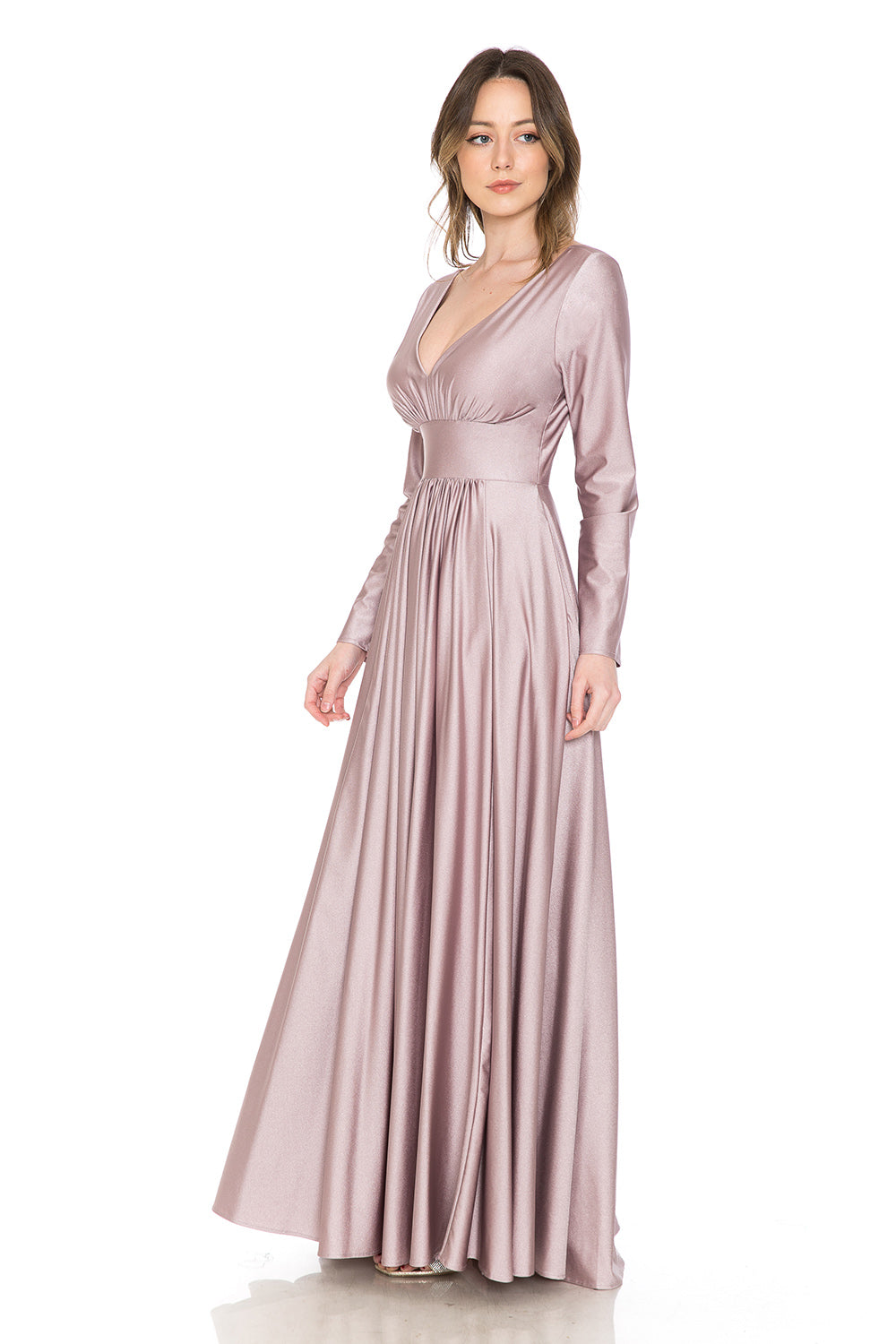 Long Sleeve V-Neck Ruched Pocketed Formal Dress by Lenovia 5231