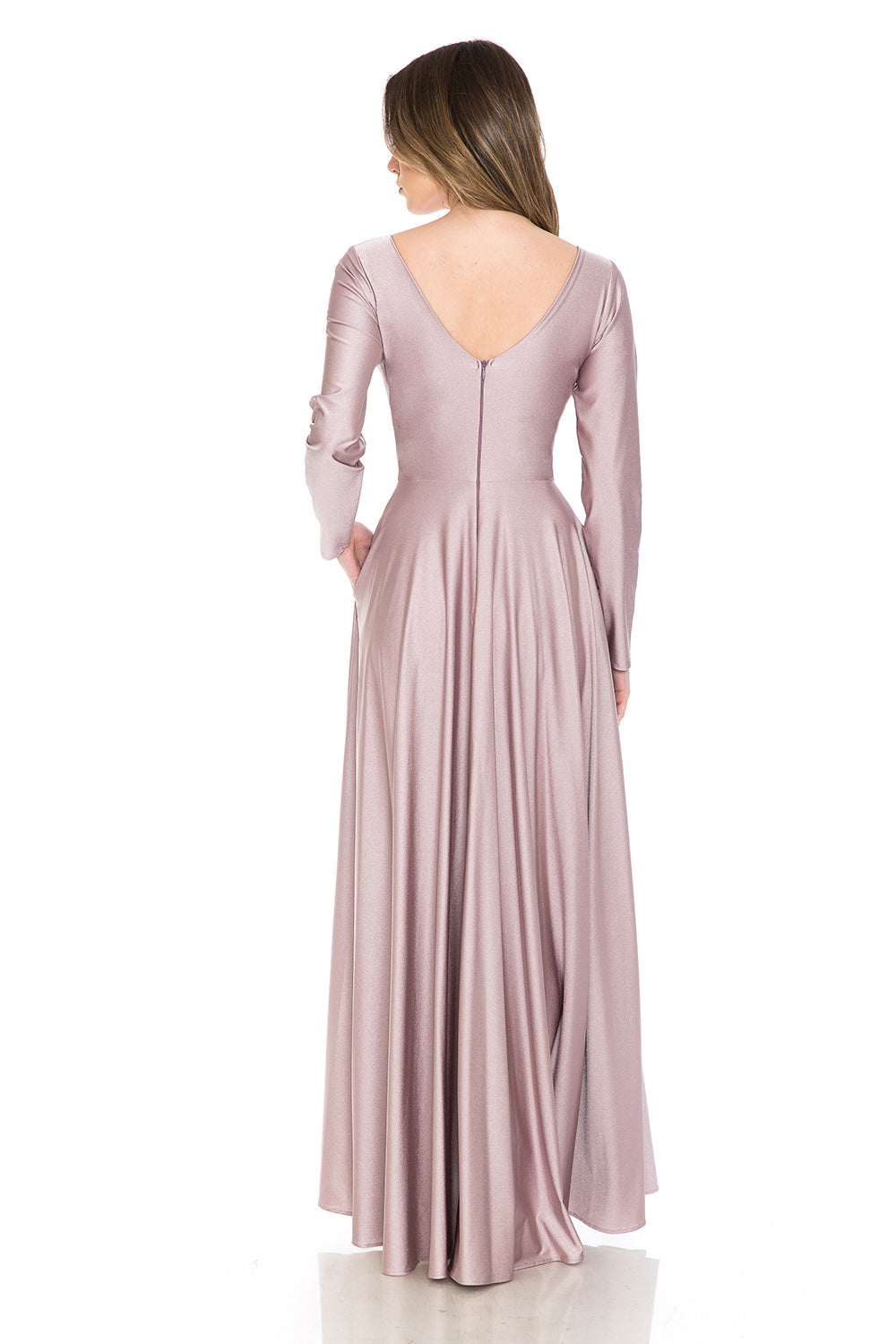 Long Sleeve V-Neck Ruched Pocketed Formal Dress by Lenovia 5231