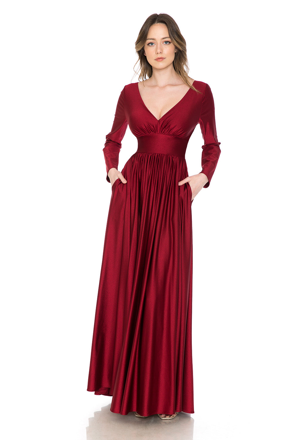 Long Sleeve V-Neck Ruched Pocketed Formal Dress by Lenovia 5231
