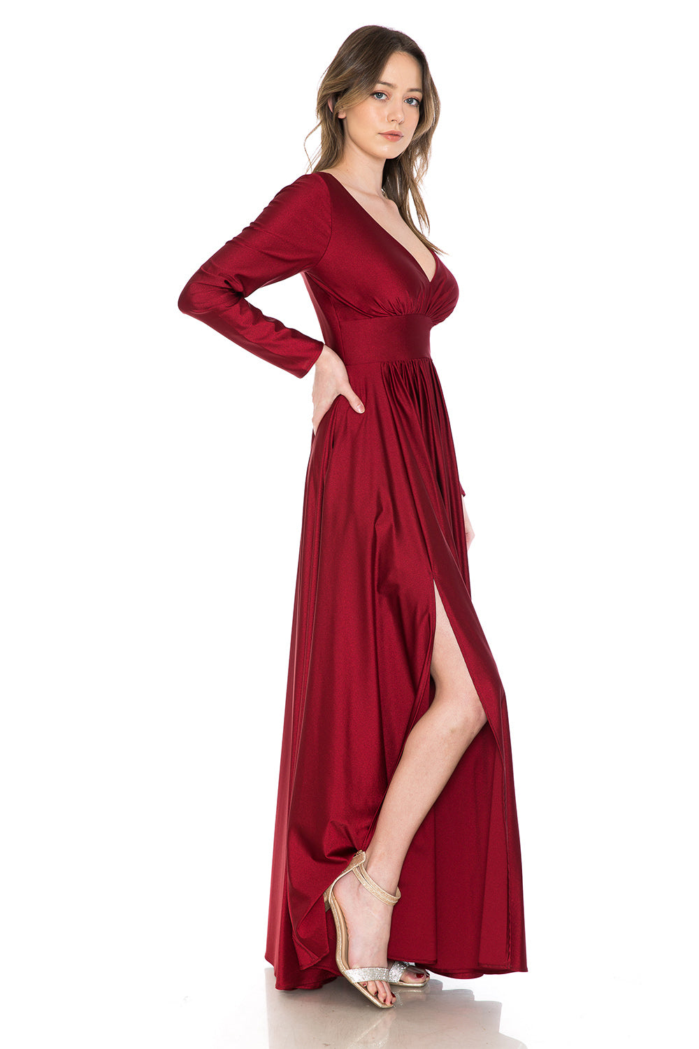 Long Sleeve V-Neck Ruched Pocketed Formal Dress by Lenovia 5231