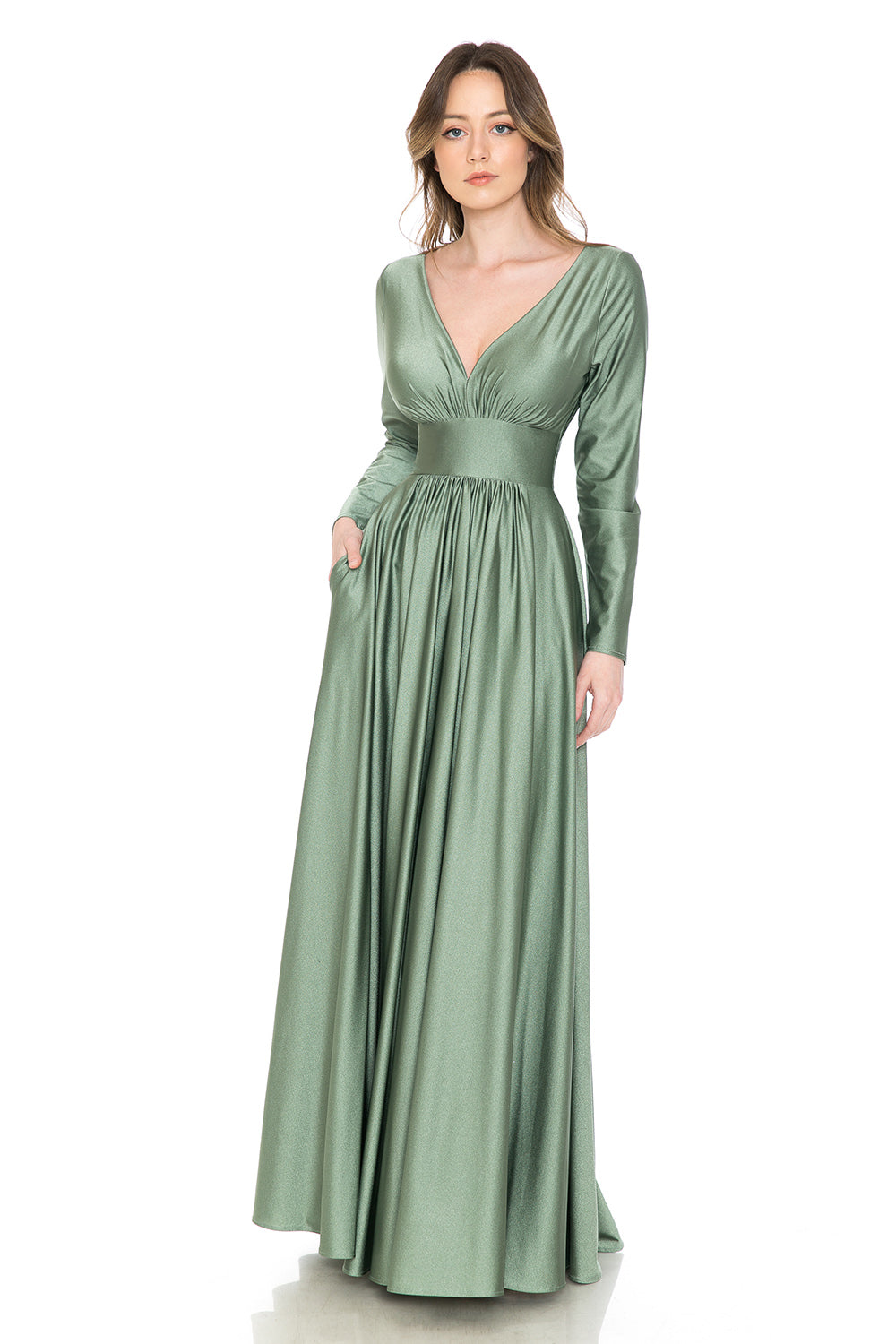 Long Sleeve V-Neck Ruched Pocketed Formal Dress by Lenovia 5231