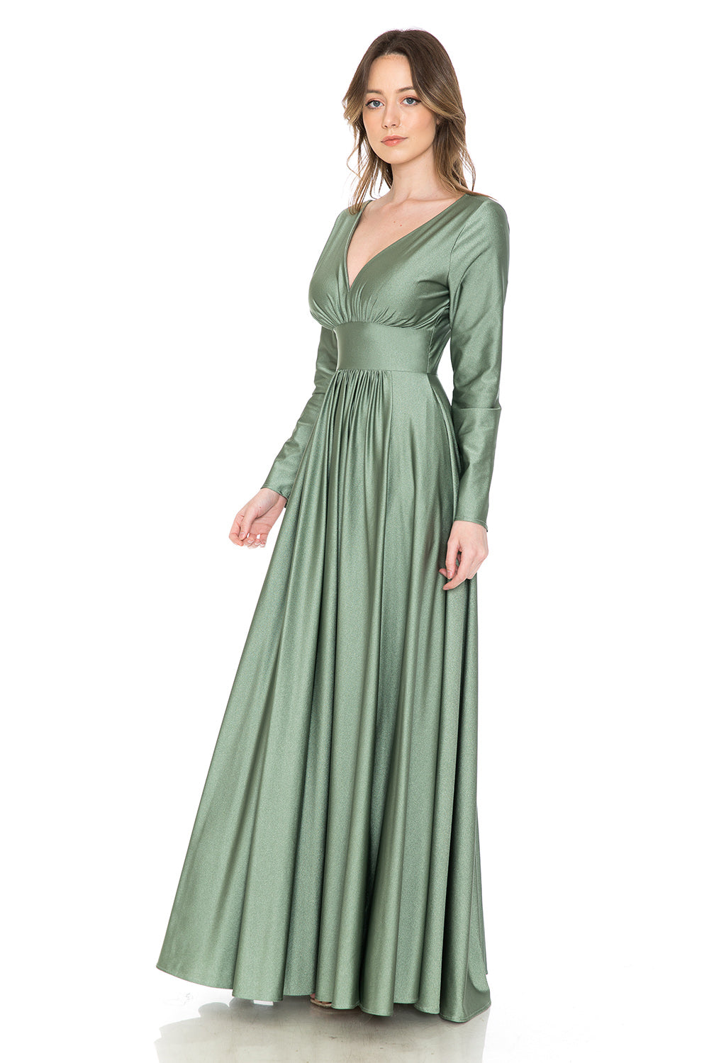 Long Sleeve V-Neck Ruched Pocketed Formal Dress by Lenovia 5231