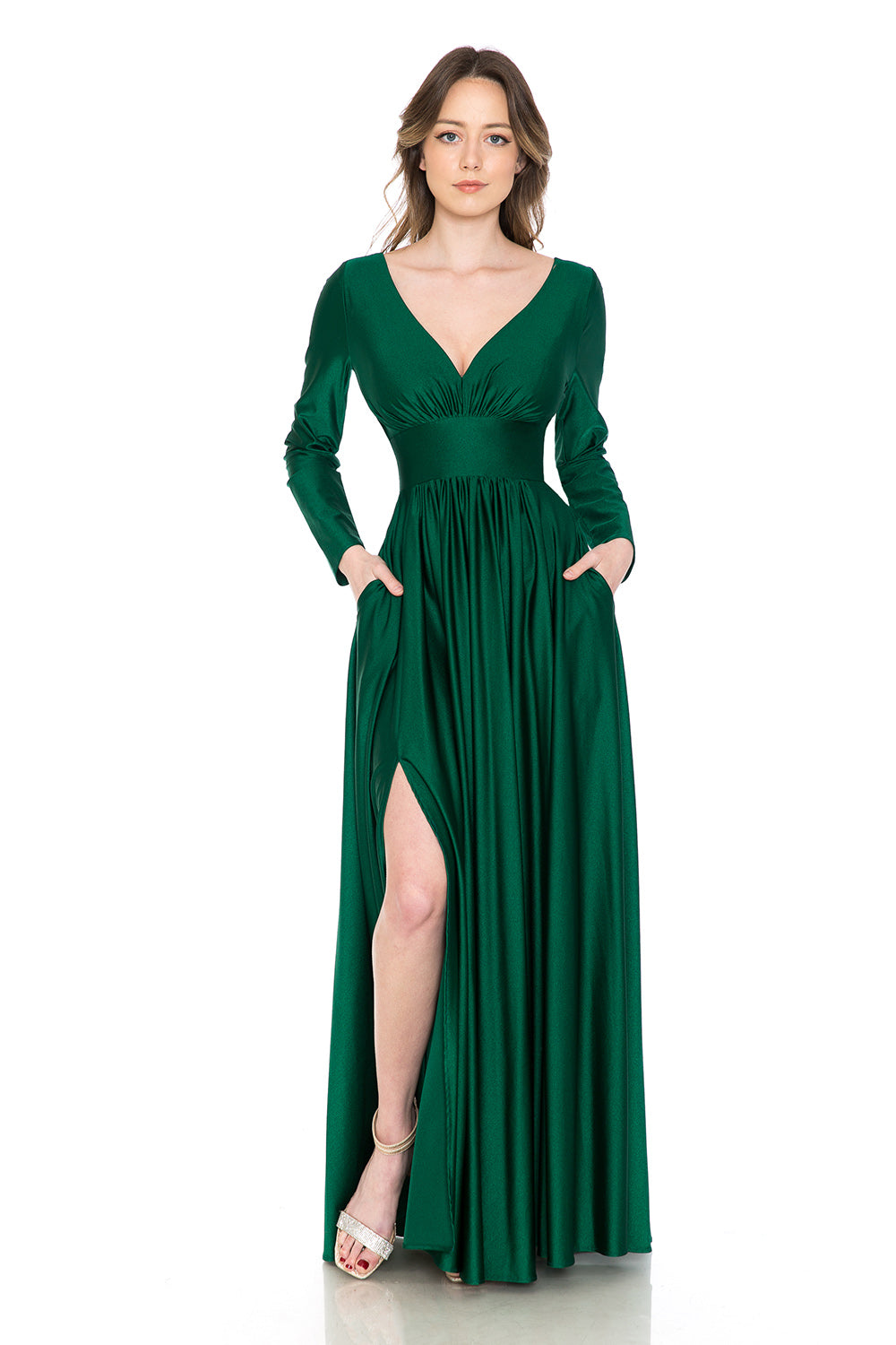 Long Sleeve V-Neck Ruched Pocketed Formal Dress by Lenovia 5231