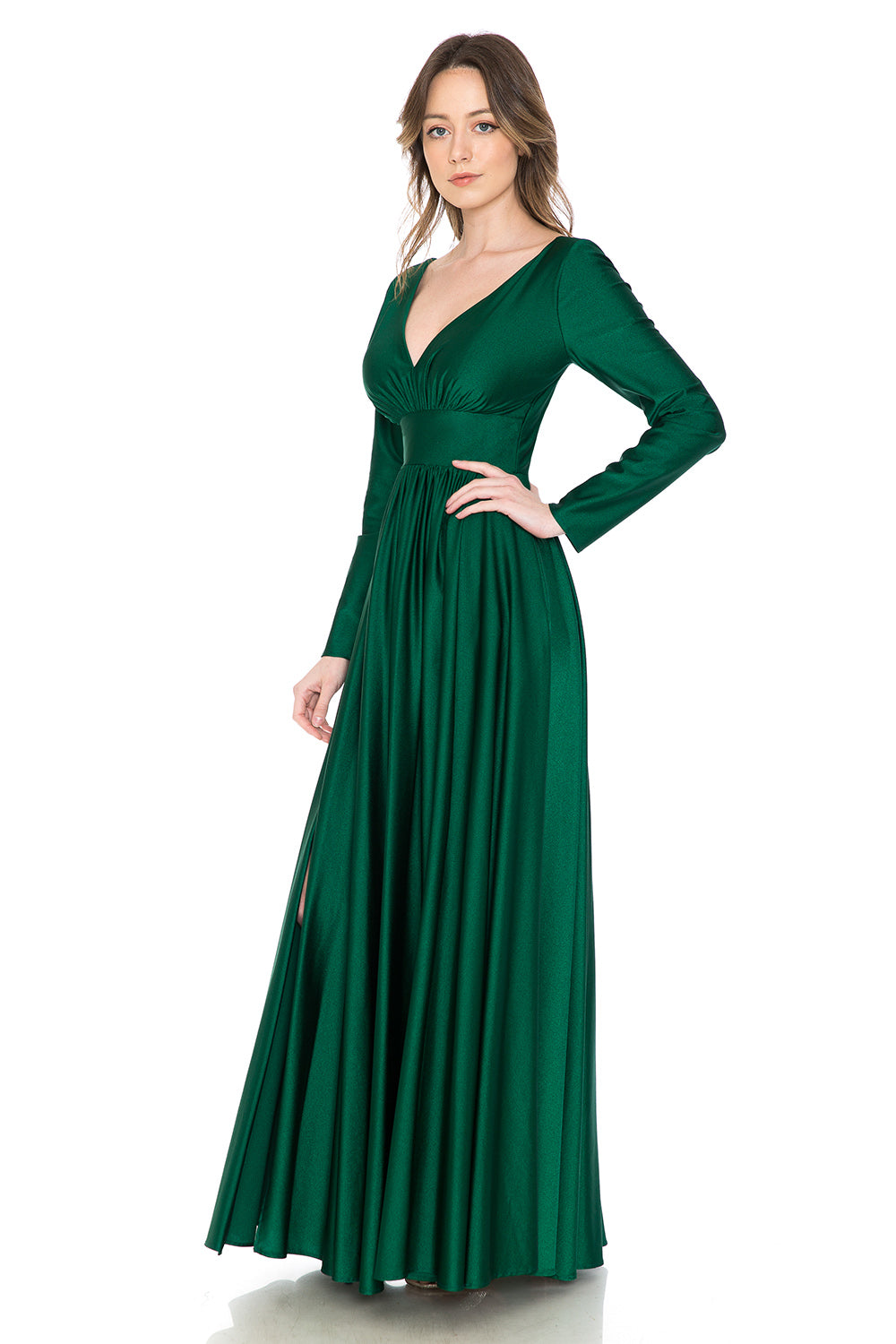 Long Sleeve V-Neck Ruched Pocketed Formal Dress by Lenovia 5231