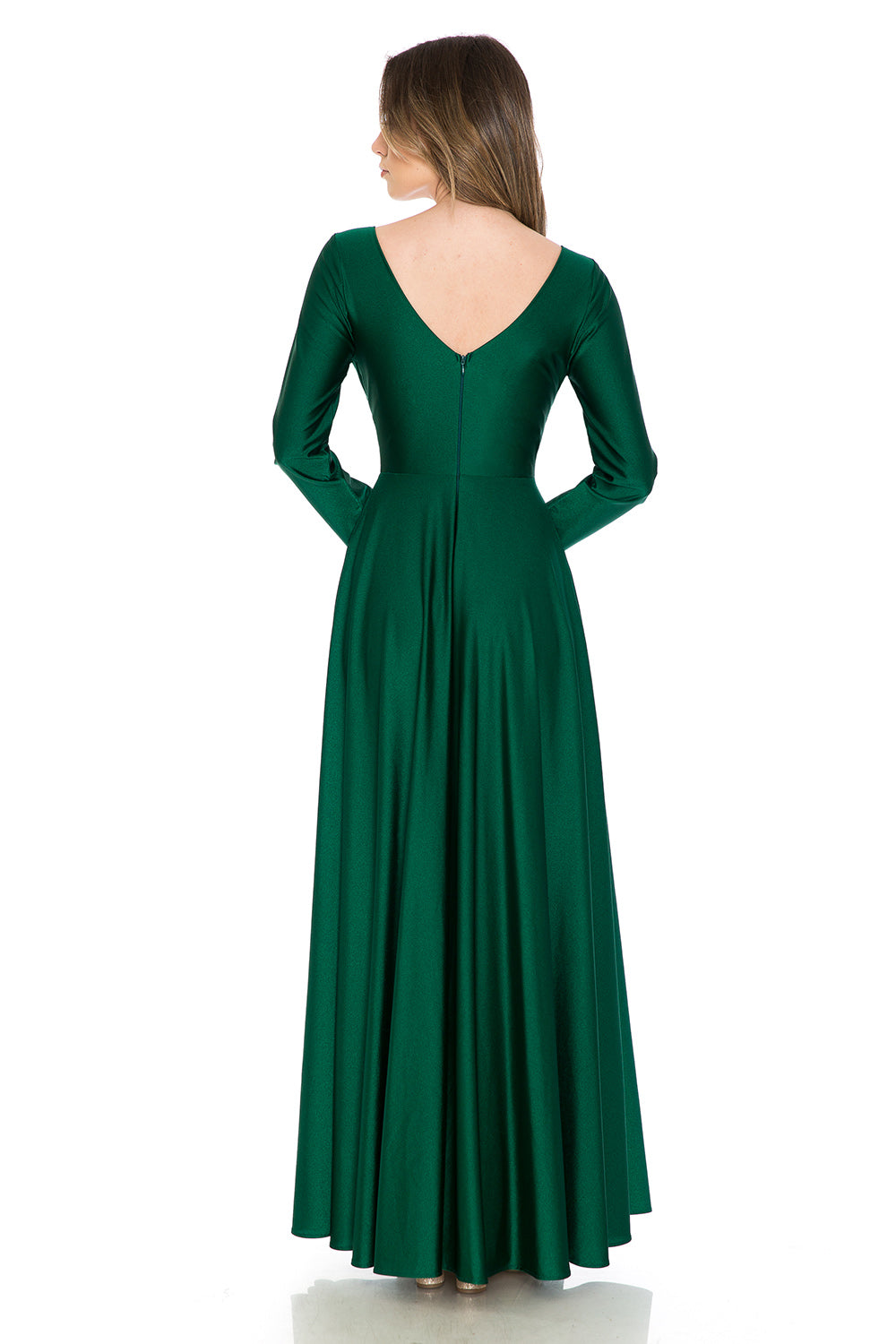 Long Sleeve V-Neck Ruched Pocketed Formal Dress by Lenovia 5231