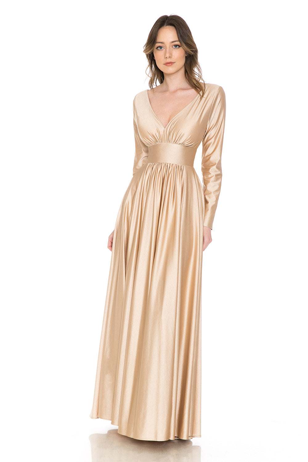 Long Sleeve V-Neck Ruched Pocketed Formal Dress by Lenovia 5231