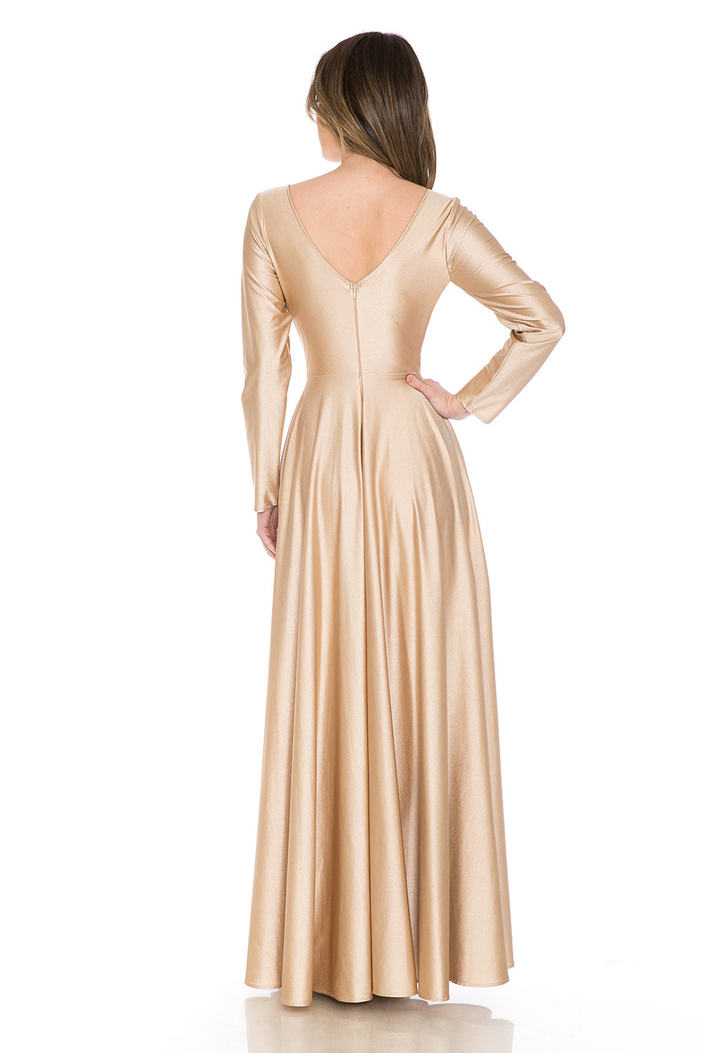 Long Sleeve V-Neck Ruched Pocketed Formal Dress by Lenovia 5231