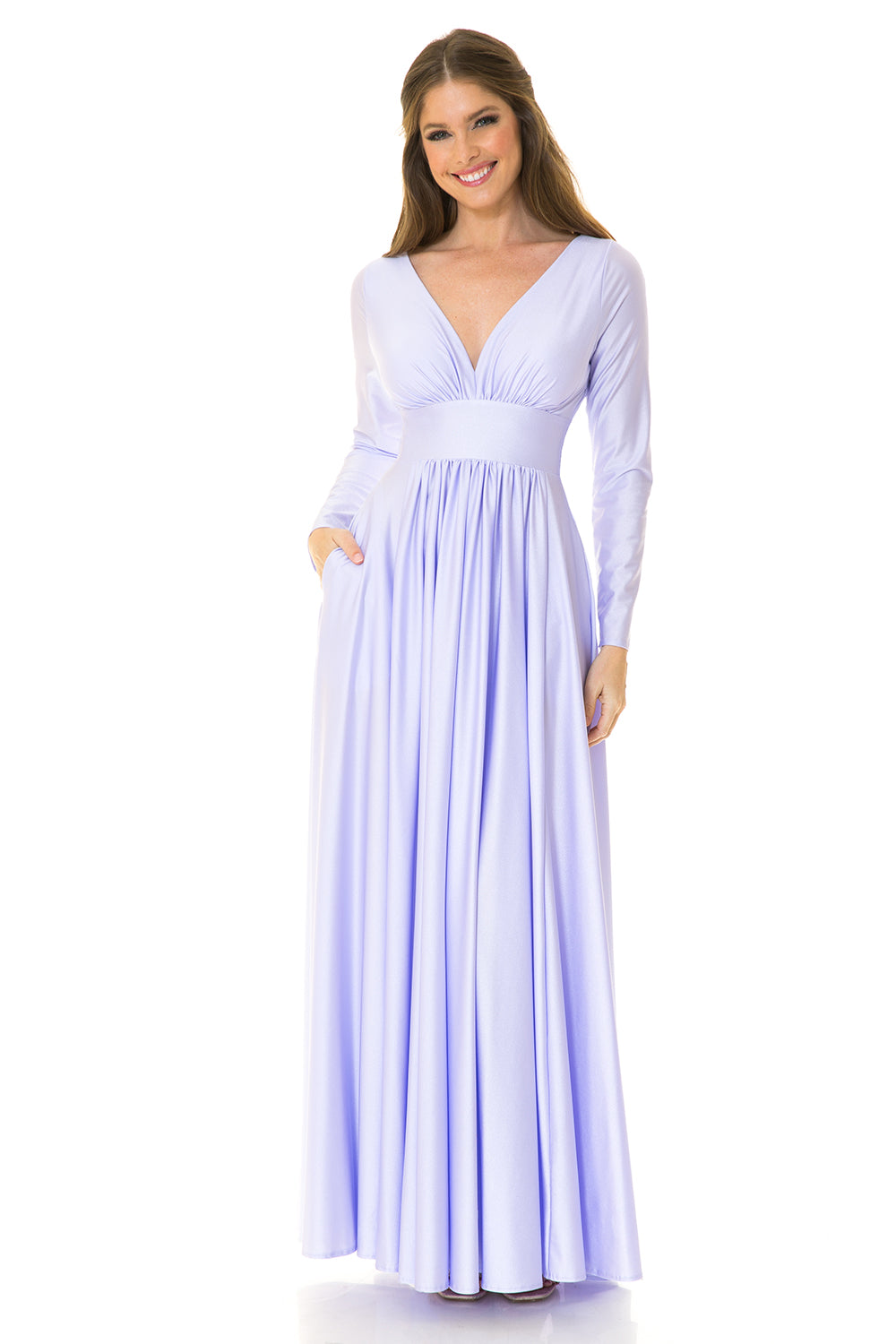 Long Sleeve V-Neck Ruched Pocketed Formal Dress by Lenovia 5231