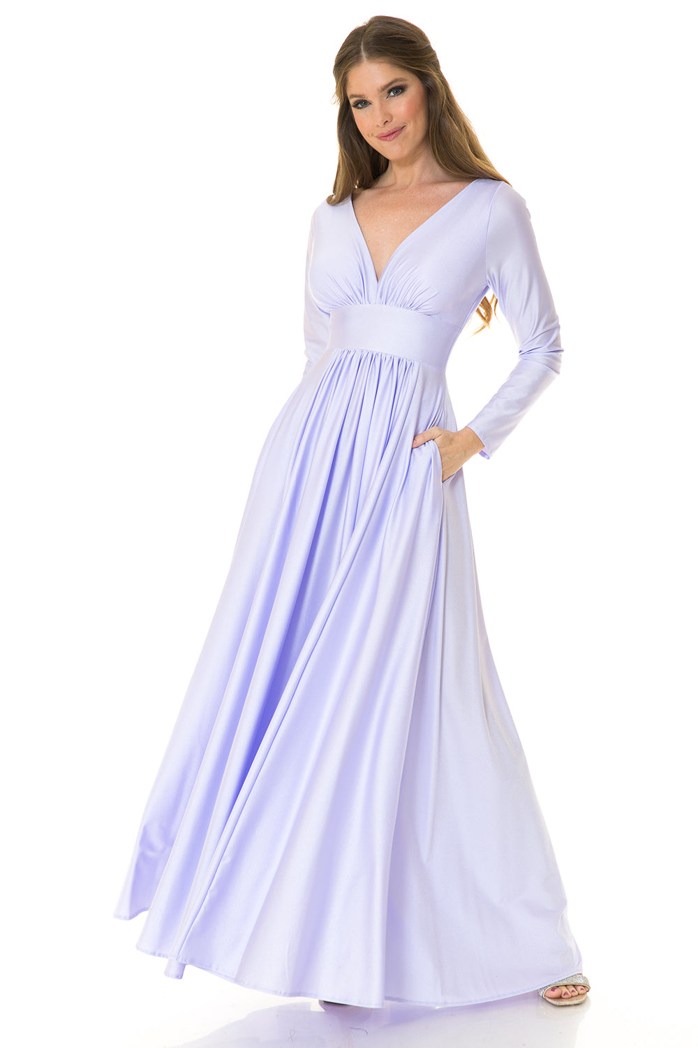 V-neck Waisted Ruched Top Long dress by Lenoria USA 5231