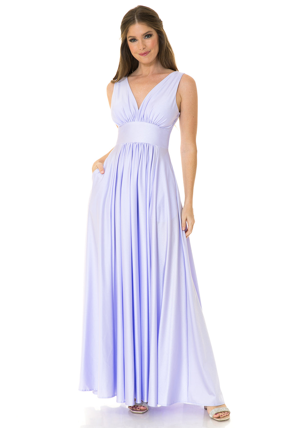V-Neck Empire Ruched Pocketed Formal Dress by Lenovia 5232