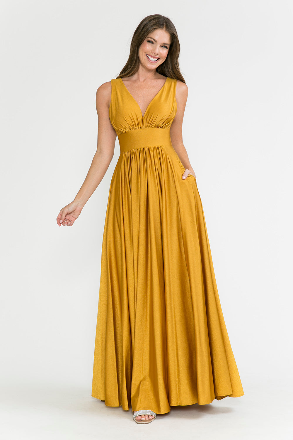 V-Neck Empire Ruched Pocketed Formal Dress by Lenovia 5232