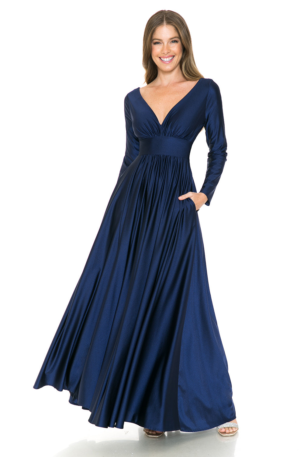 Long Sleeve V-Neck Ruched Pocketed Formal Dress by Lenovia 5231