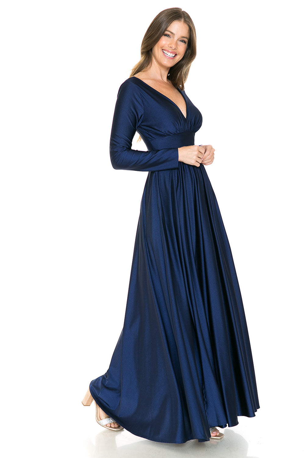 Long Sleeve V-Neck Ruched Pocketed Formal Dress by Lenovia 5231