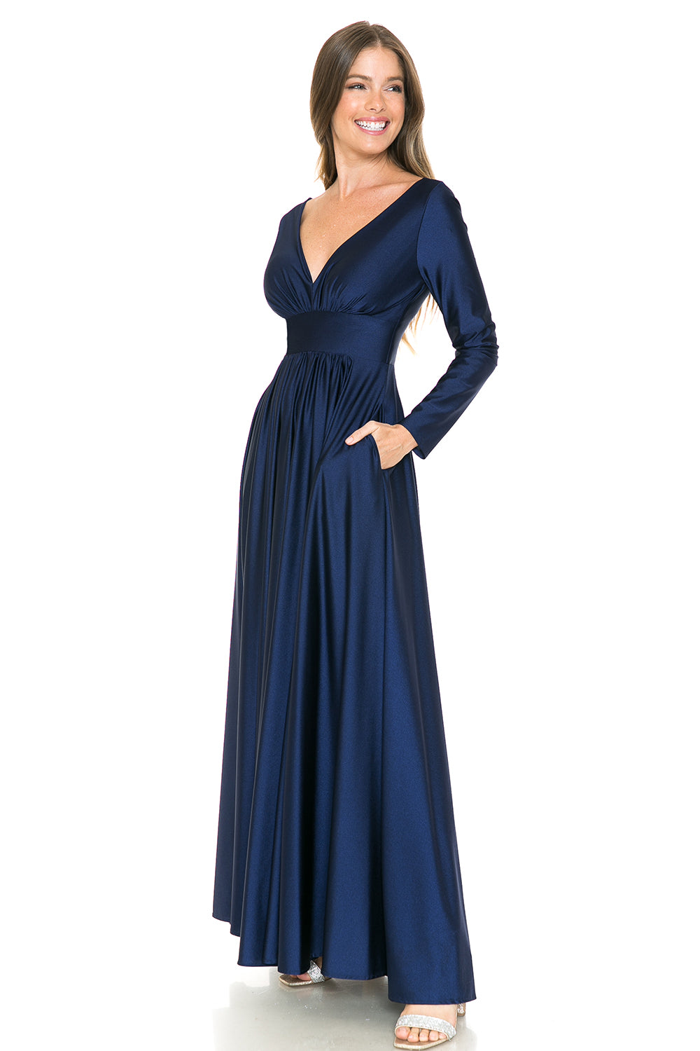 Long Sleeve V-Neck Ruched Pocketed Formal Dress by Lenovia 5231