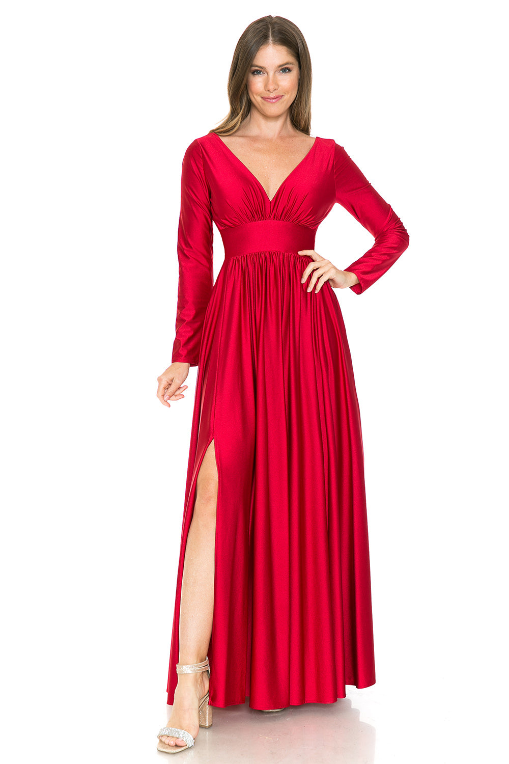 Long Sleeve V-Neck Ruched Pocketed Formal Dress by Lenovia 5231