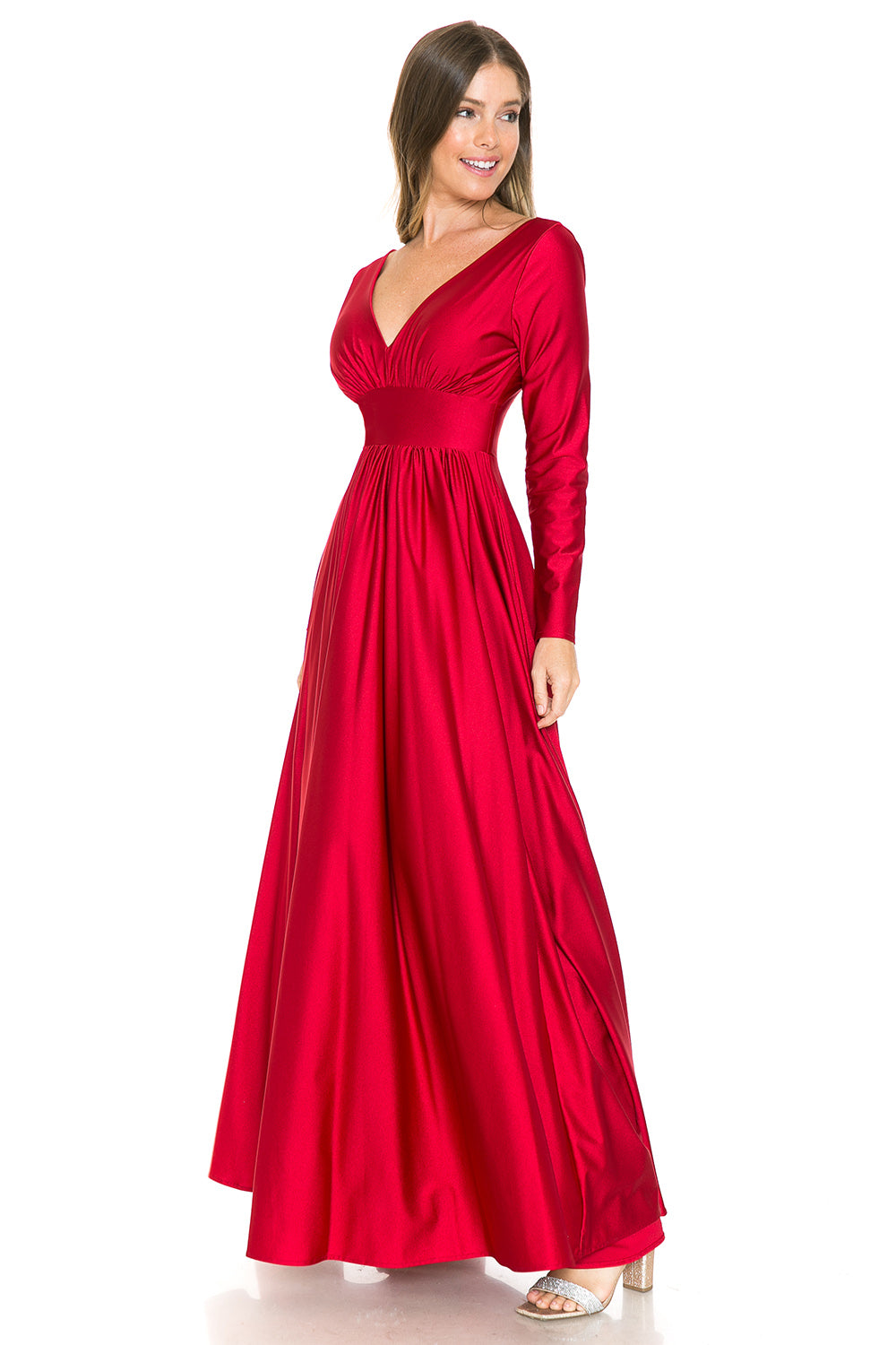 Long Sleeve V-Neck Ruched Pocketed Formal Dress by Lenovia 5231