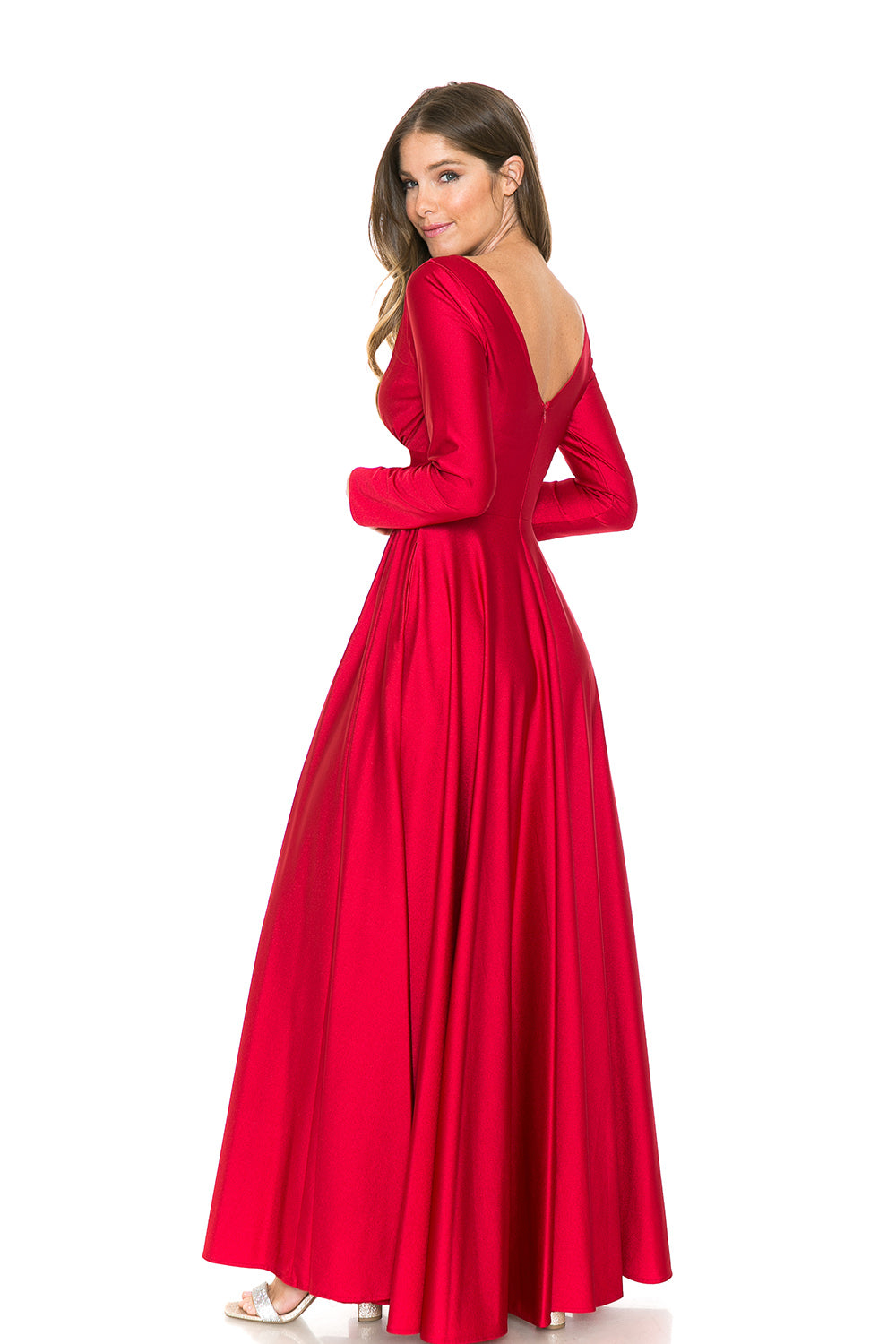 Long Sleeve V-Neck Ruched Pocketed Formal Dress by Lenovia 5231