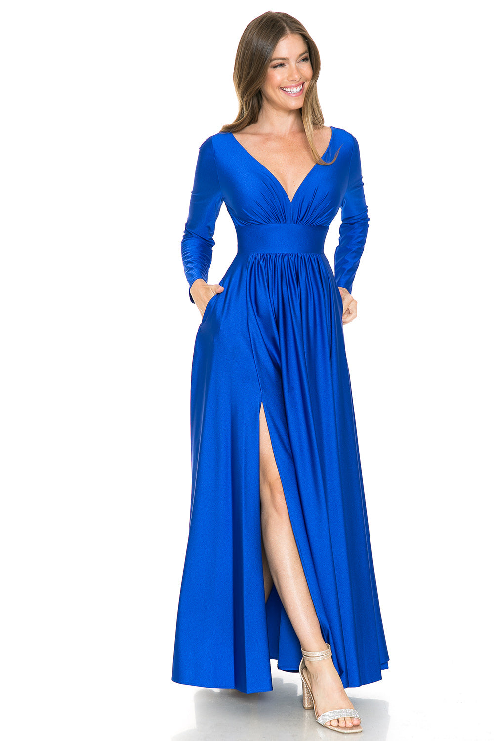 Long Sleeve V-Neck Ruched Pocketed Formal Dress by Lenovia 5231