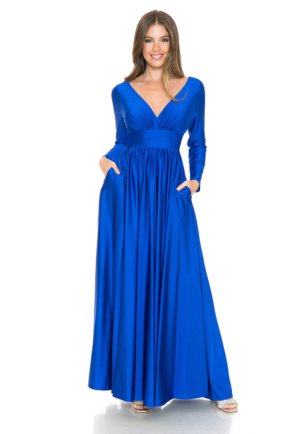 Long Sleeve V-Neck Ruched Pocketed Formal Dress by Lenovia 5231