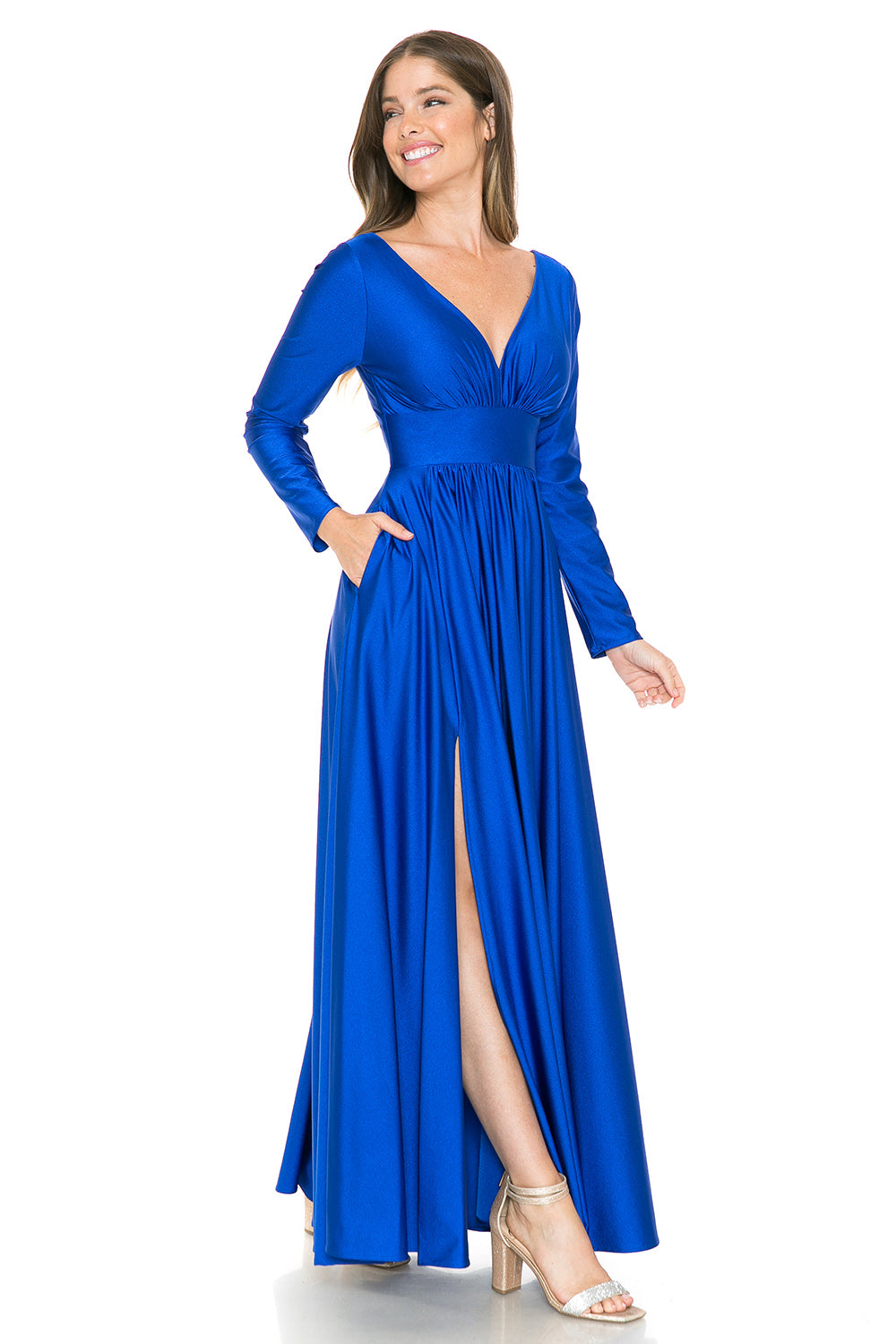 Long Sleeve V-Neck Ruched Pocketed Formal Dress by Lenovia 5231