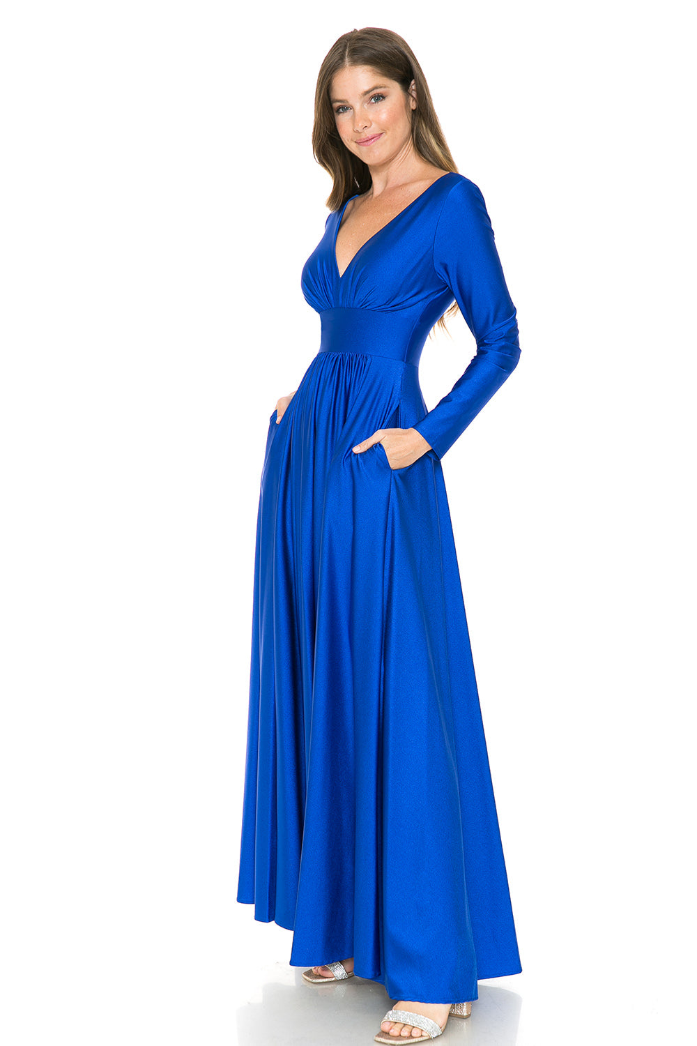 V-neck Waisted Ruched Top Long dress by Lenoria USA 5231