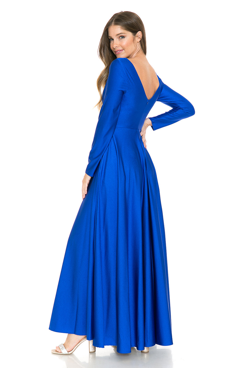 Long Sleeve V-Neck Ruched Pocketed Formal Dress by Lenovia 5231