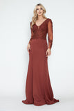 Crystal Bead Embroidery V-Neck Sheer Sleeve Formal Dress by Lenovia 8323-B