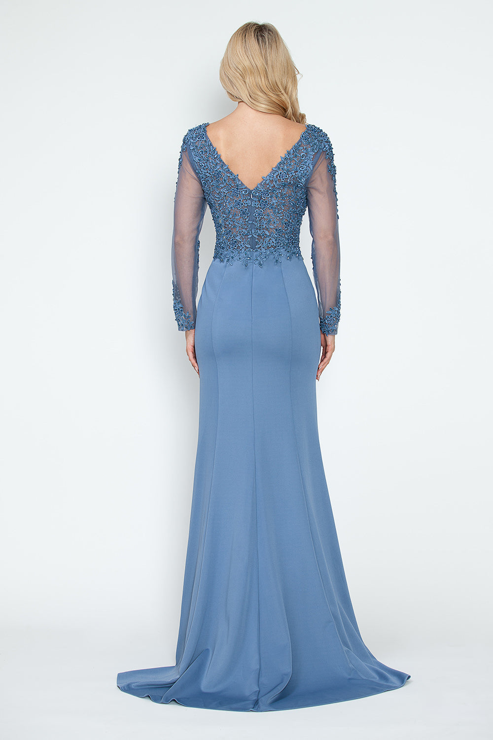 Crystal Bead Embroidery V-Neck Sheer Sleeve Formal Dress by Lenovia 8323-B