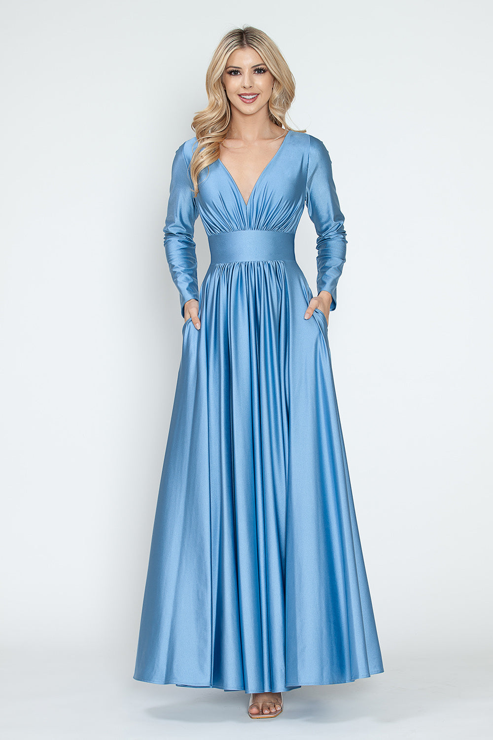 Long Sleeve V-Neck Ruched Pocketed Formal Dress by Lenovia 5231