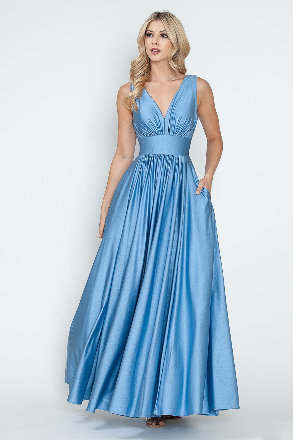V-Neck Empire Ruched Pocketed Formal Dress by Lenovia 5232