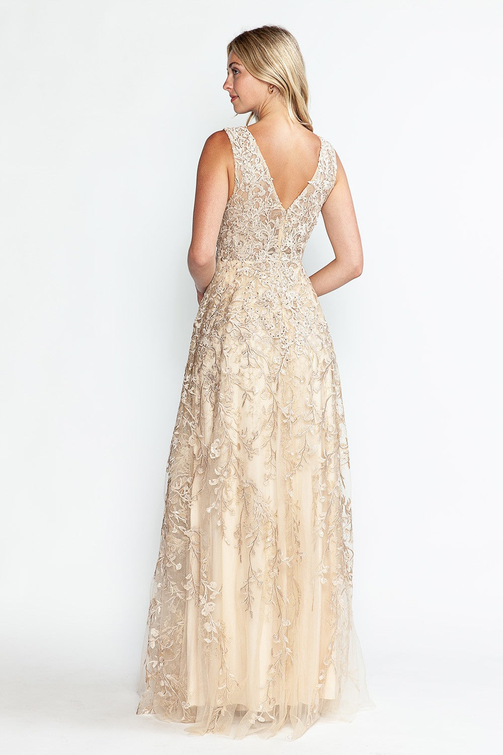 Embroidered Layered V-Neck Formal Dress by Lenovia 8337