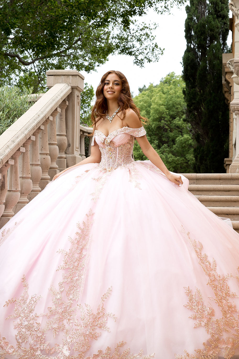 Quinceanera ball gown dress gold embroidery