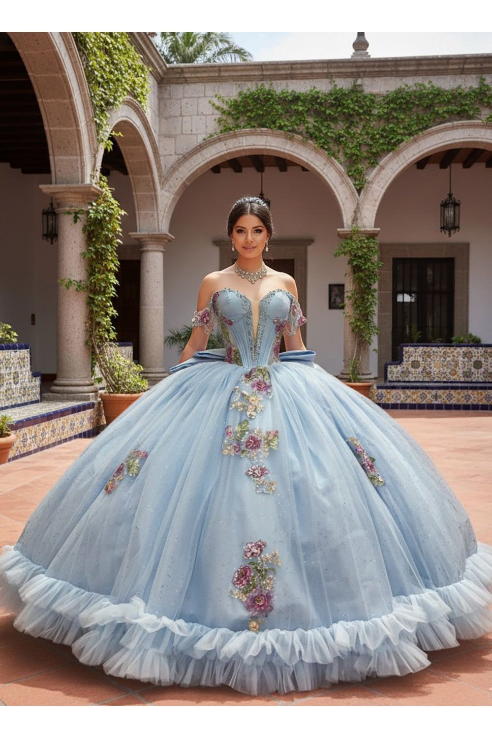 Shimmering Flower Adorned Ruffle Ball Gown by Petite Adele PQ1095