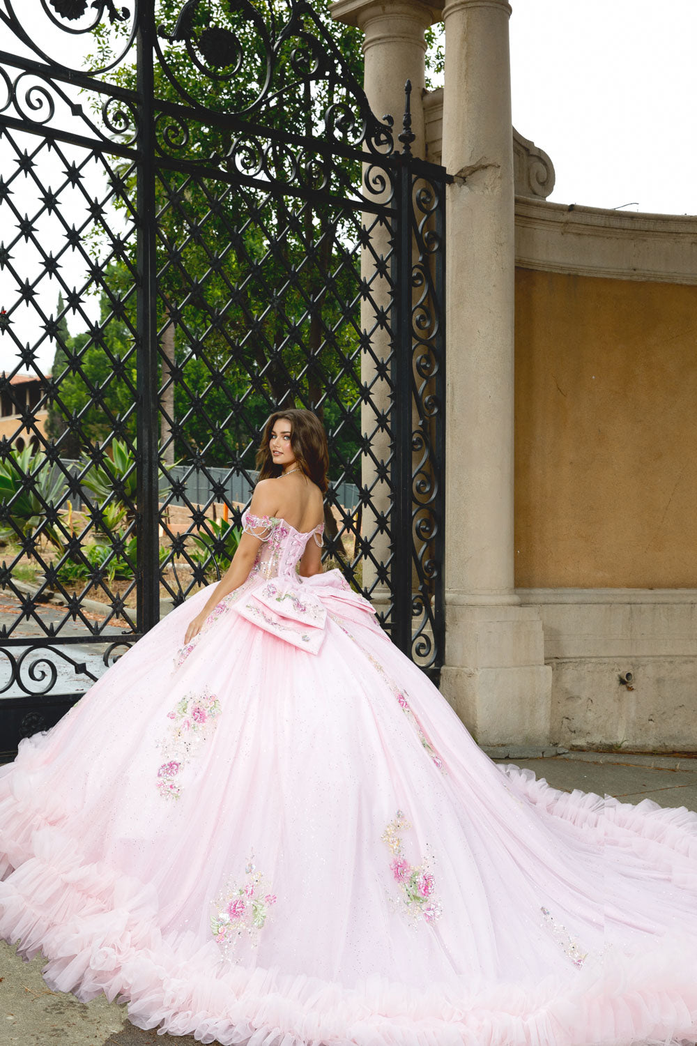 Shimmering Flower Adorned Ruffle Ball Gown by Petite Adele PQ1095