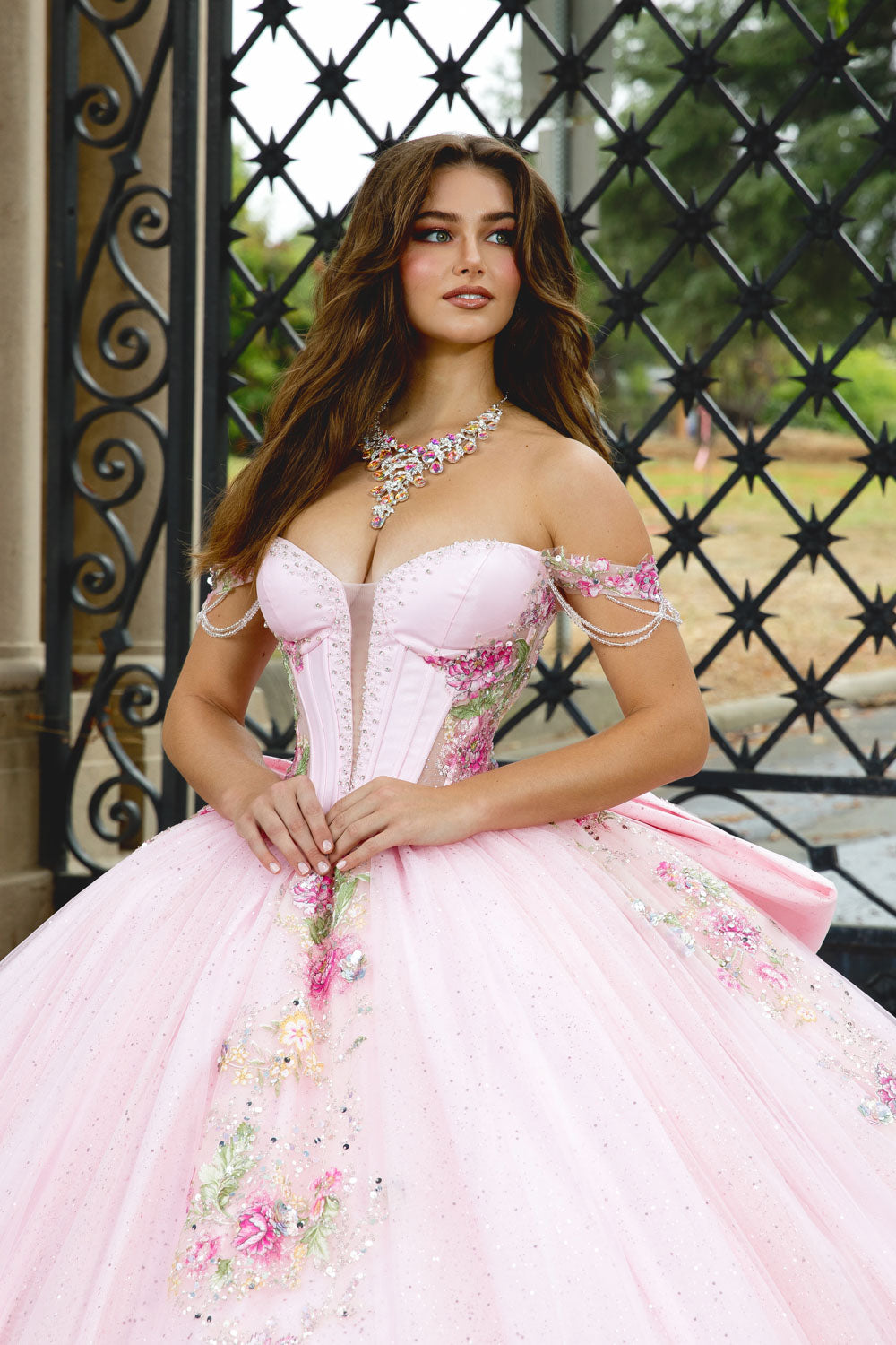 Shimmering Flower Adorned Ruffle Ball Gown by Petite Adele PQ1095
