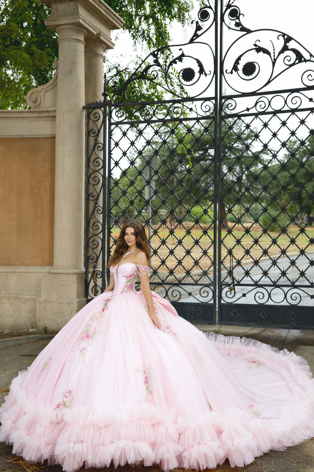 Shimmering Flower Adorned Ruffle Ball Gown by Petite Adele PQ1095