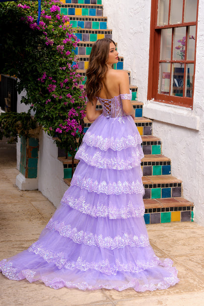 Off-the-Shoulder Layered Long Ball Gown By Amelia Couture TM1012