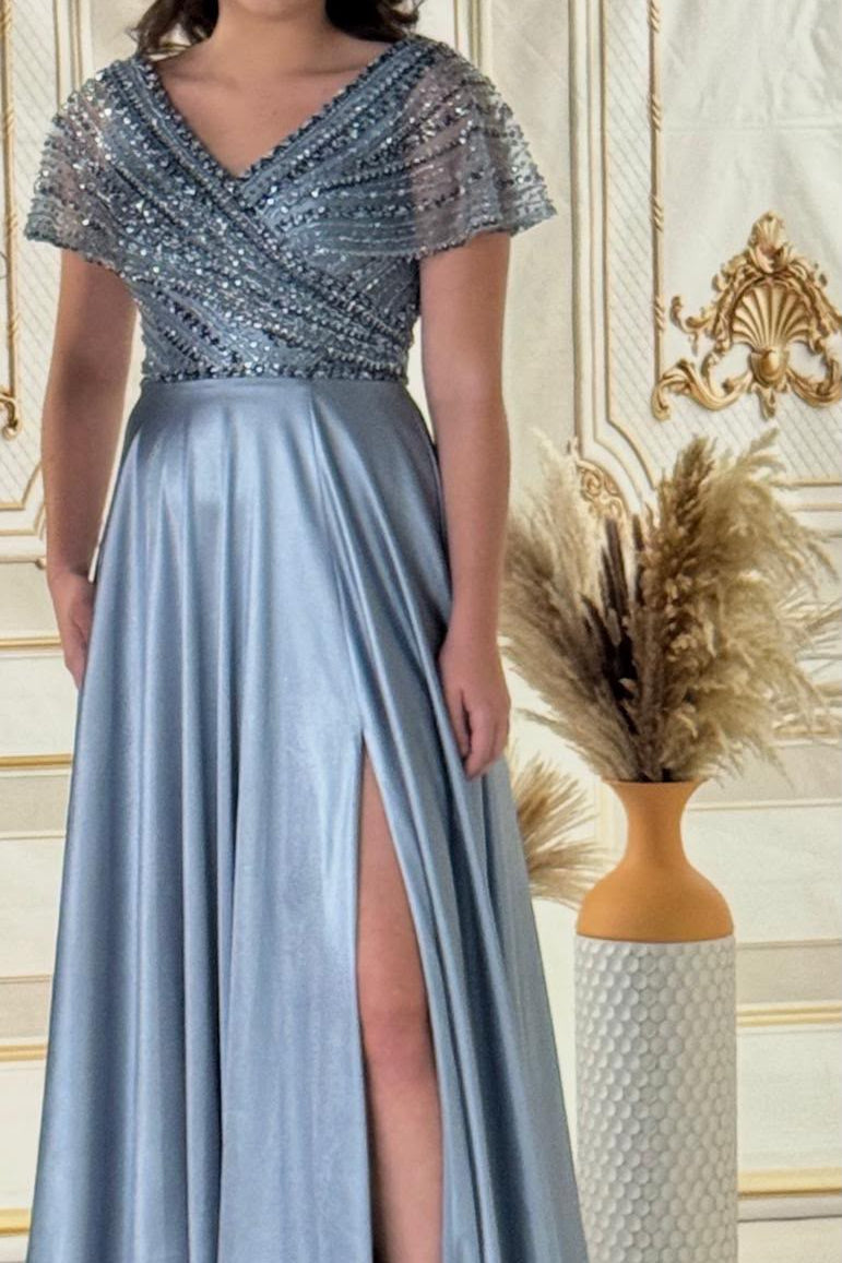 V-Neck Beaded A-Line Gown by Lee Collection 5053398