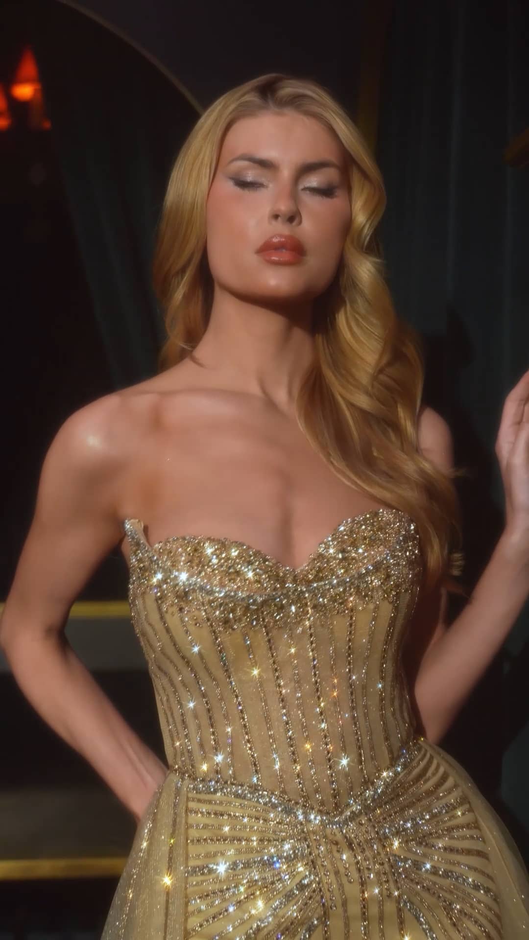 Strapless Crystal Embellished Gown with Overskirt by Ladivine CB158
