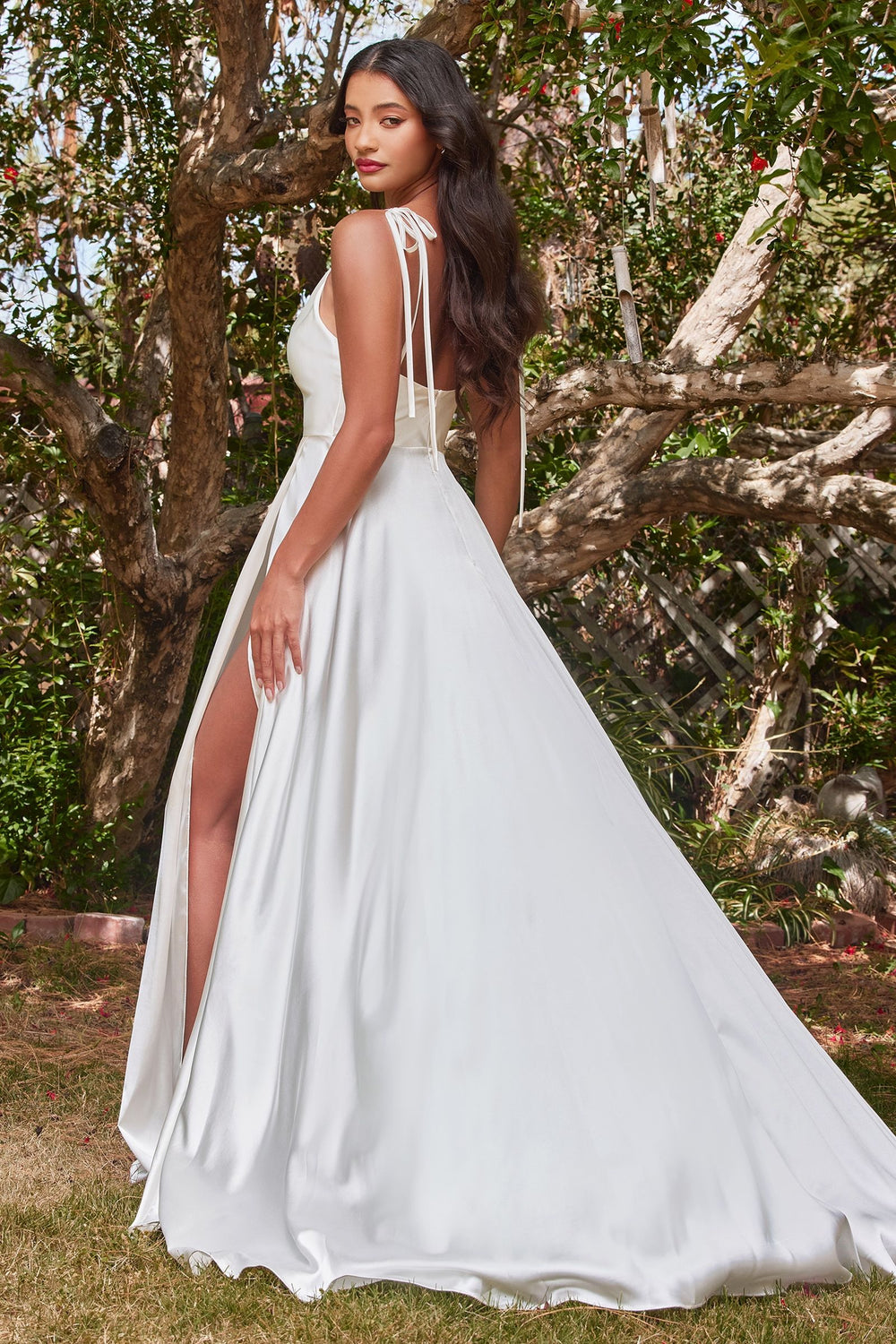 Ladivine BD104W off white satin A-line gown with cowl neckline