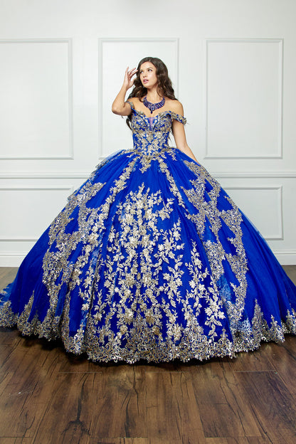 Sweetheart Off Shoulder Embroidered Dress w/Cathedral Tail by bella princess couture pq1055