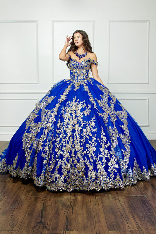 Sweetheart Off Shoulder Embroidered Dress w/Cathedral Tail by bella princess couture pq1055