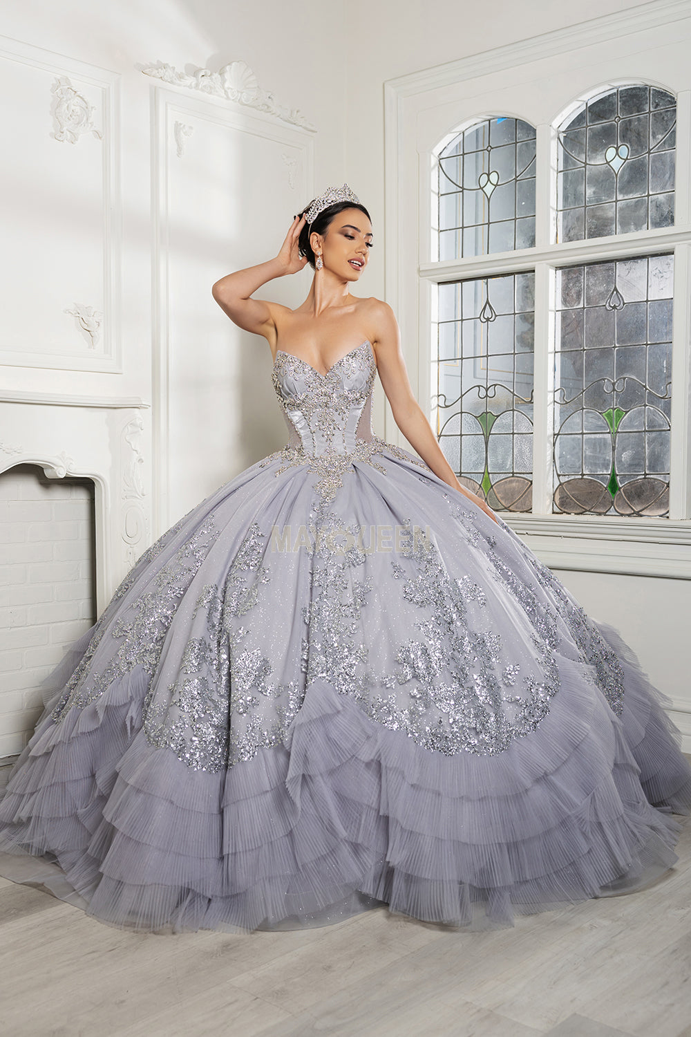 May Queen LK284 tea-length embroidered ruffle gown