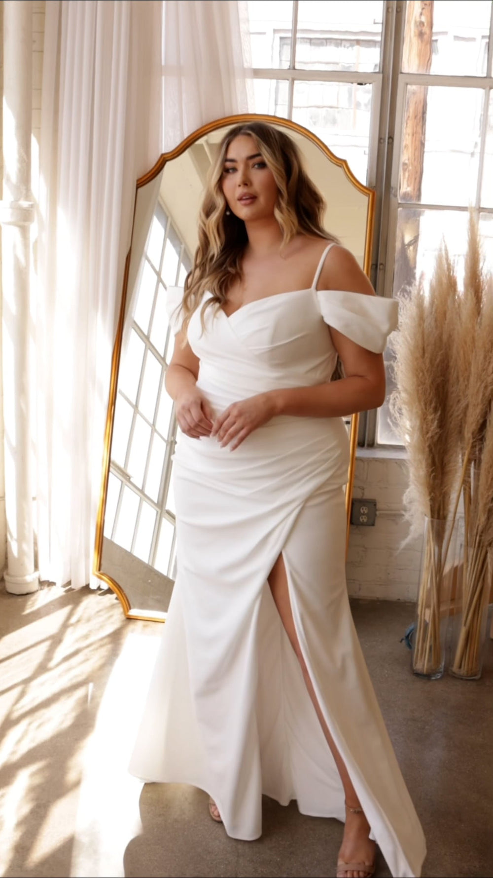 Ladivine KV1057WC off shoulder crepe gown in off white