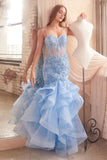 mermaid gown with rose lace applique, sheer boned bodice, thin straps, and tiered layered skirt with horsehair hems in light blue and red by Cinderella Divine CC8915 – www.snkdress.com