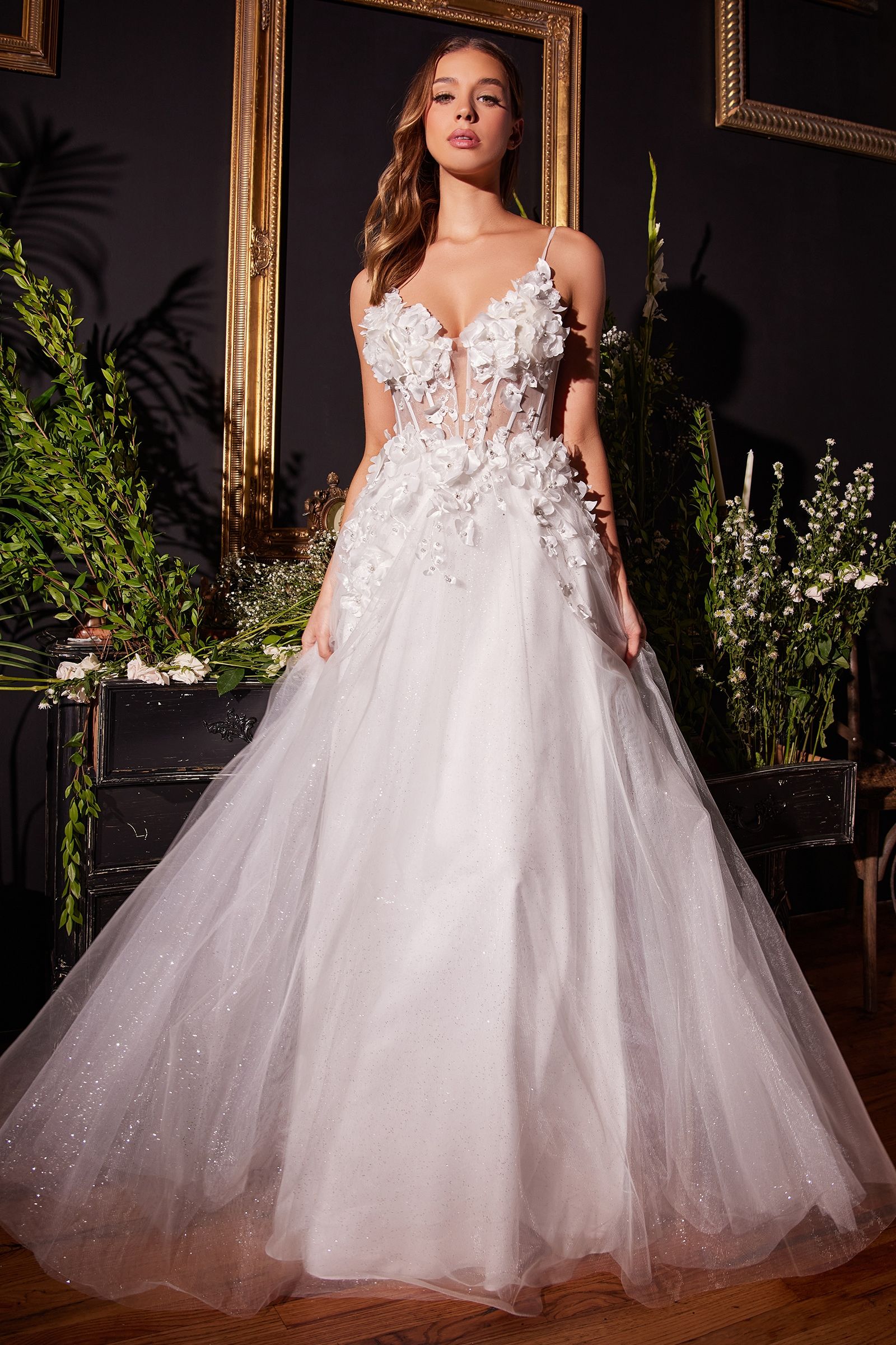 www.snkdress.com – Ladivine CM321W Plunging Neckline Lace Wedding Dress in Off White