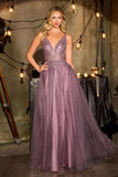 Beaded V-neck A-line tulle gown by Ladivine style CR880 | www.snkdress.com