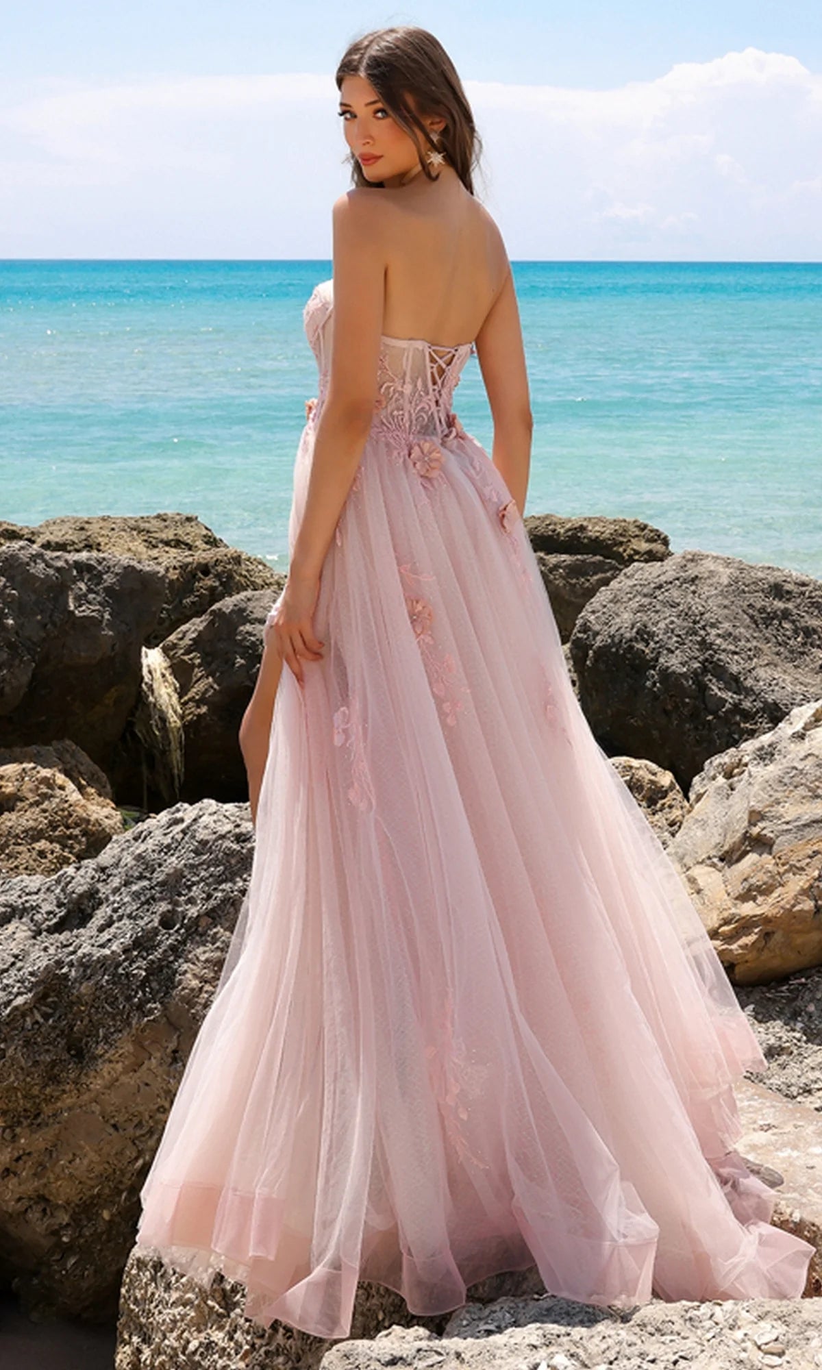 Sweetheart  Strapless Sheer-Corset Long Tulle Prom Dress By Amelia Couture TM1002