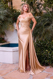 Off-Shoulder Ruched Satin Gown by Cinderella Divine CD393
